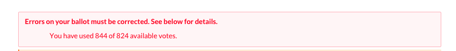 Voting platform error: Errors on your ballot must be corrected. You have used 844 of 824 available votes.